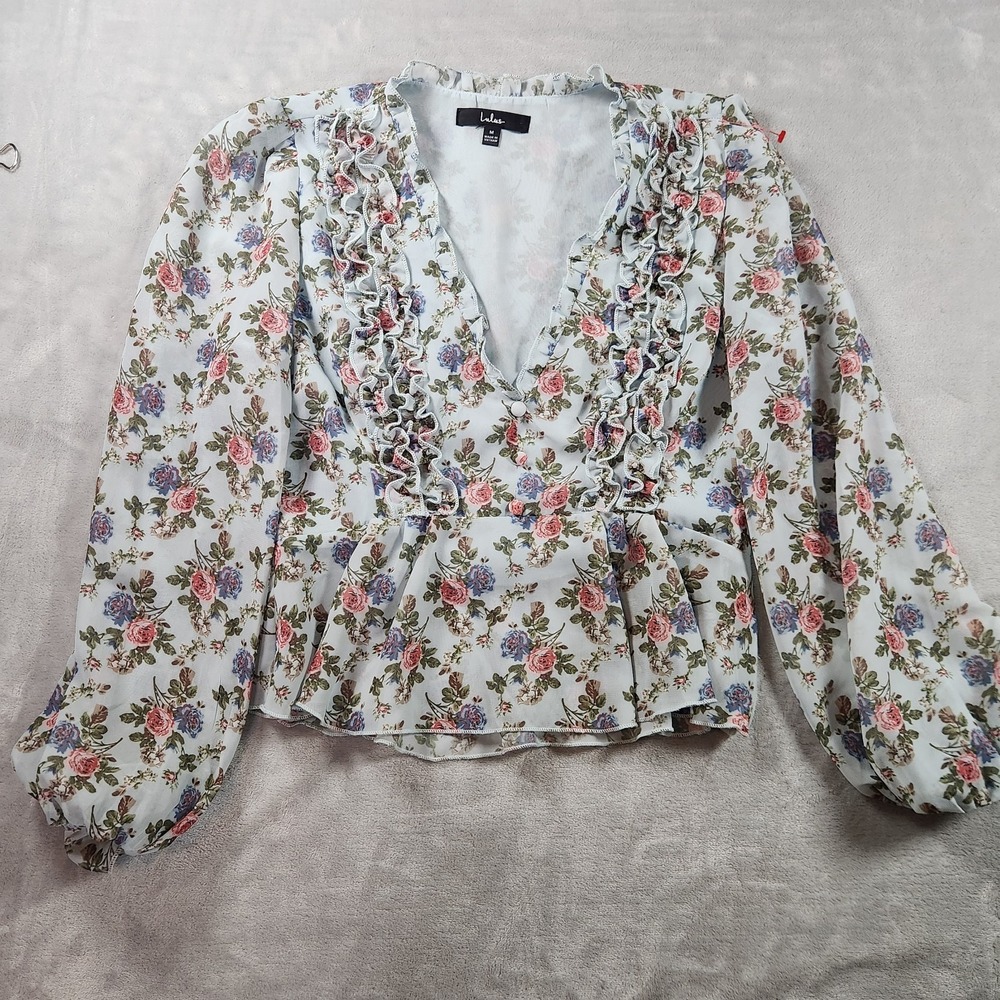 Lulus Ruffle Cropped Top Blue Floral Shear Long Sleeve Peasant Festival Boho M